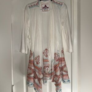 Johnny Was White Open Front Cardigan with Rust and Teal Embroidery